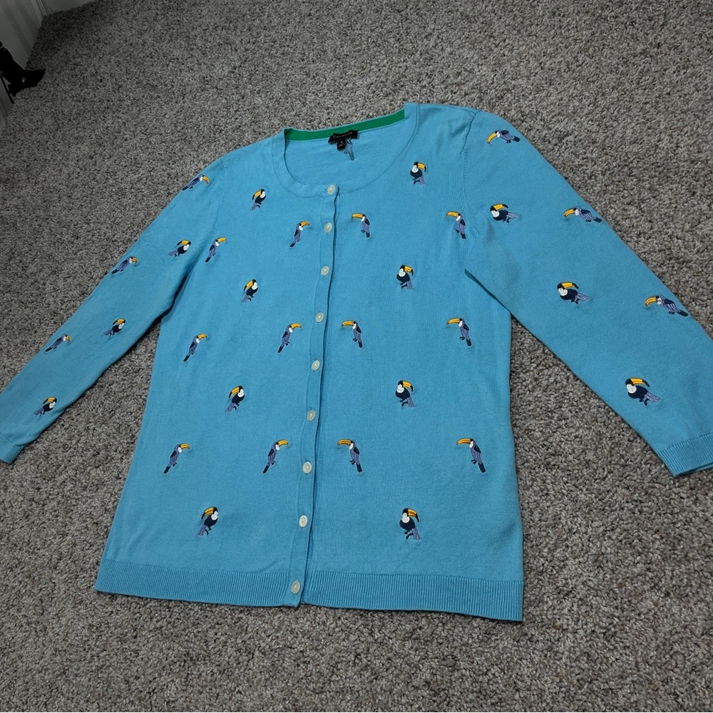 Talbots Blue Toucan Embroidered Button-Front Sweater Cardigan Size S